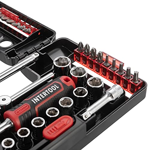 INTERTOOL 57-Piece Socket Wrench Set, 1/4” Drive, SAE & Metric, Bits & Sockets, High Strength Chrome Vanadium Steel VT08-3657