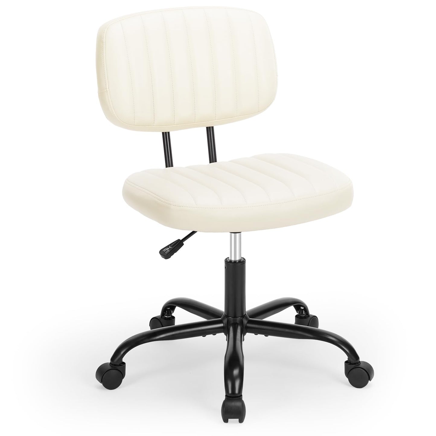 Sweetcrispy Small Desk Chair Armless,Comfortable Office Chair with Wheels, Rolling Task Chair with Low Back Lumbar Support, Vanity Chair for Bedroom Living Room Study Room, PU Leather,Crame White
