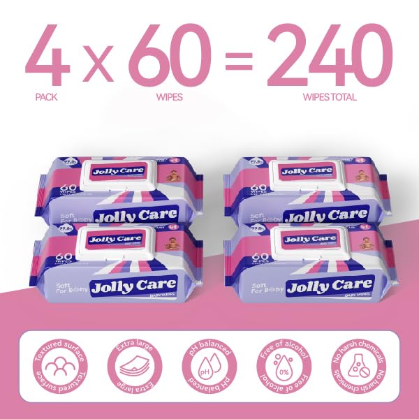 Jolly Care Hypoallergenic Baby Wipes, 240 Count