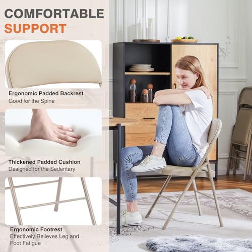 Sweetcrispy Folding Chair 2 Pack, Leather Padded Folding Chairs, Sturdy Metal Foldable Chairs, Easy to Use and Store, Outdoor and Indoor, for Home, Office, Party, Comfy, Kahki