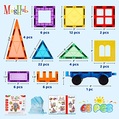MagHub Magnetic Tiles 65 Piece Colorful Magnetic Blocks Set with car, Unique Clear 3D Magnetic Building Blocks for 3+ Years Old Boys and Girls, STEM Construction Preschool Magnets for Kids Toddlers