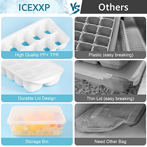 ICEXXP 4 Pack Ice Cube Tray with Lid and Bin, Ice Cube Trays for Freezer with Ice Box, Silicone Ice Trays with Ice Container for Cocktails, Stackable Ice Tray with Storage Ice Bucket, Ice Tong & Scoop