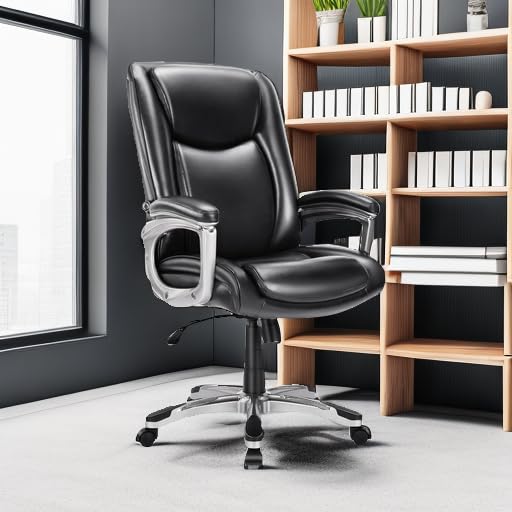 Home Office Chair Executive High Back Ergonomic Desk Chair Height Adjustable Managerial Rolling Swivel Chair with Adjustable Lumbar Support, Faux Leather, Black