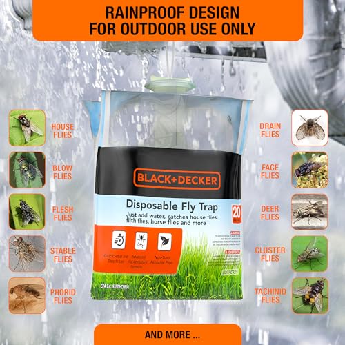Black+Decker Fly Trap- Hanging Fly Traps Outdoor- Natural Non-Toxic Fly Catcher Attractant- Add Water to Catch House & Horse Flies in Garden, Backyard & Barn- 1 Trap, 20 Grams