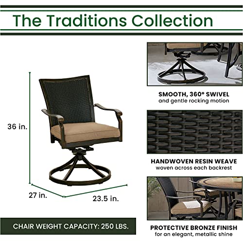 Hanover Traditions 5-Piece Outdoor Dining Set, All-Weather Patio Dining Set for 4 with Cushioned Wicker Back Cast Aluminum Swivel Rocker Chairs and 42" Glass-Top Table for Patio, Backyard, Deck, Porch