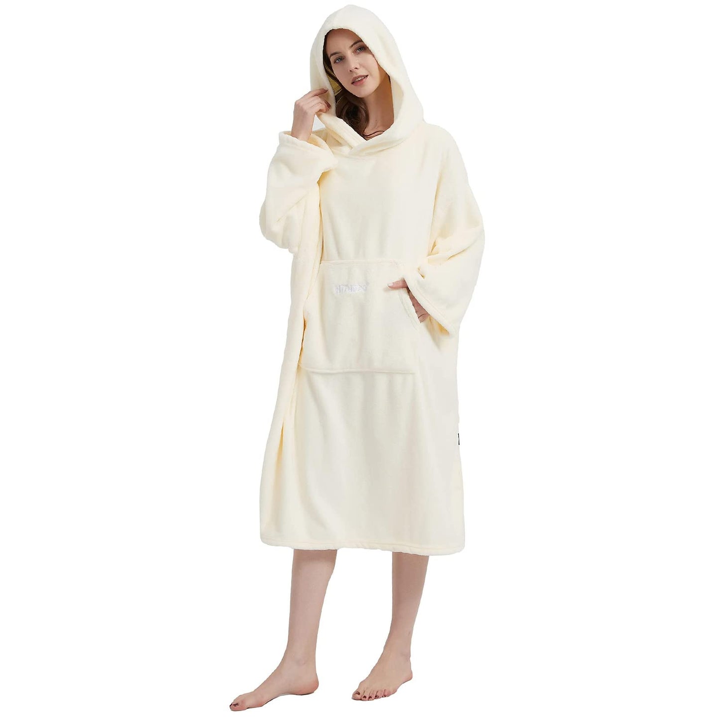 Hiturbo Plush Changing Robe, Fluffy Wearable Blanket, Soft Oversize Hooded Towel Surf Poncho with Pocket for Aquatics & Home (White)