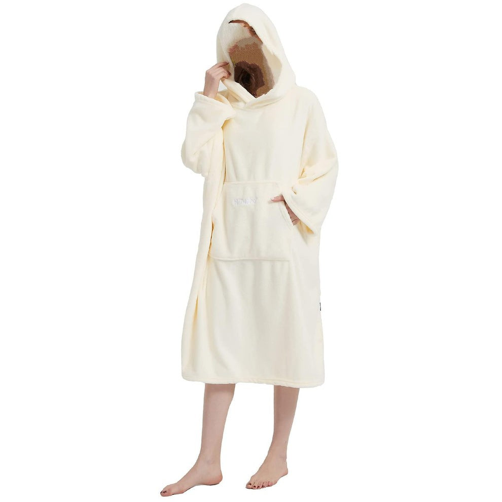 Hiturbo Plush Changing Robe, Fluffy Wearable Blanket, Soft Oversize Hooded Towel Surf Poncho with Pocket for Aquatics & Home (White)