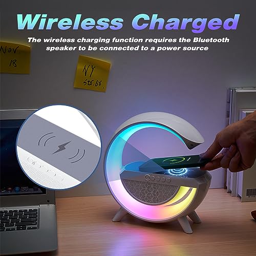 Delxo Bluetooth Speaker with Wireless Phone Charger,Big G-Shape Bluetooth Speakers for Teen Adults Birthday Gift Ideas,Atmosphere Lamp Speaker with LED Night Lights for Bedroom,White
