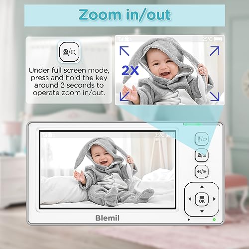 Blemil Baby Monitors, 4.3'' IPS Split-Screen Monitor with 29-Hour Battery, Pan-Tilt-Zoom Video Baby Monitor with 2 Cameras and Audio, No WiFi, 2X Zoom