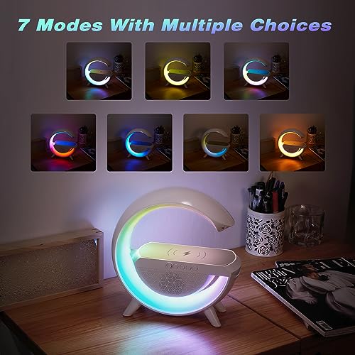 Delxo Bluetooth Speaker with Wireless Phone Charger,Big G-Shape Bluetooth Speakers for Teen Adults Birthday Gift Ideas,Atmosphere Lamp Speaker with LED Night Lights for Bedroom,White