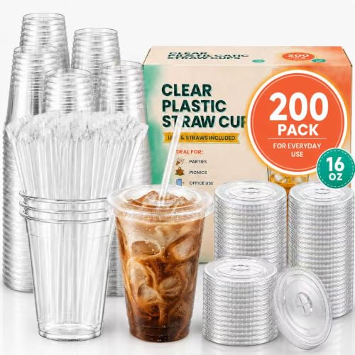 200 Pack 16 oz Plastic Cups with Lids