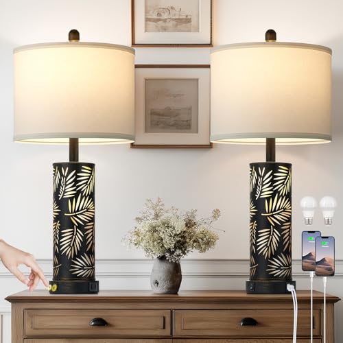 2 Pack Rustic USB Nightstand Table Lamps