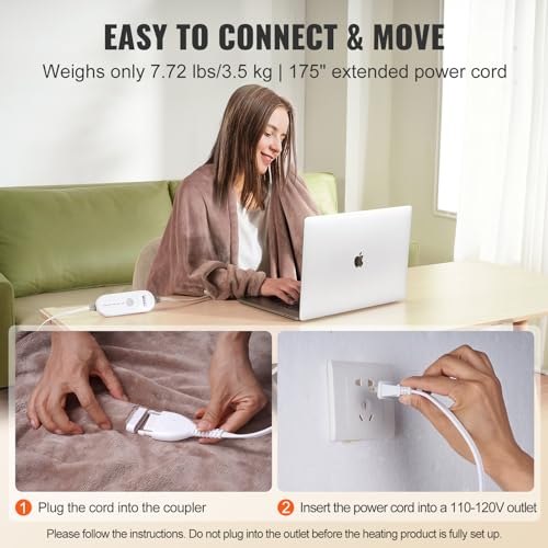 VEVOR Heated Blanket Electric Throw, 84" x 90" Queen Size, Soft Flannel Heating Blanket with 10 Hours Timer Auto-off & 5 Heating Levels, Dual Control, Machine Washable, ETL & FCC Certification (Beige)