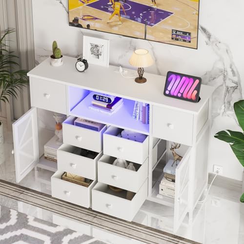 HDDDZSW White Dresser for Bedroom with Charging Station and LED Lights, Chest of Drawers for Bedroom with 8 Fabric Drawers and 2 Doors, Dressers Storage TV Stand for Bedroom, Living Room