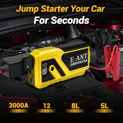 E-Ant COCY-023 Car Jump Starter 3000A, 12V Emergency Jump Starter Battery Pack for Up to 8L Gas/5L Diesel Engine, Portable Battery Booster Jump Box Power Bank with USB QC 3.0, Storage Case, LED Light