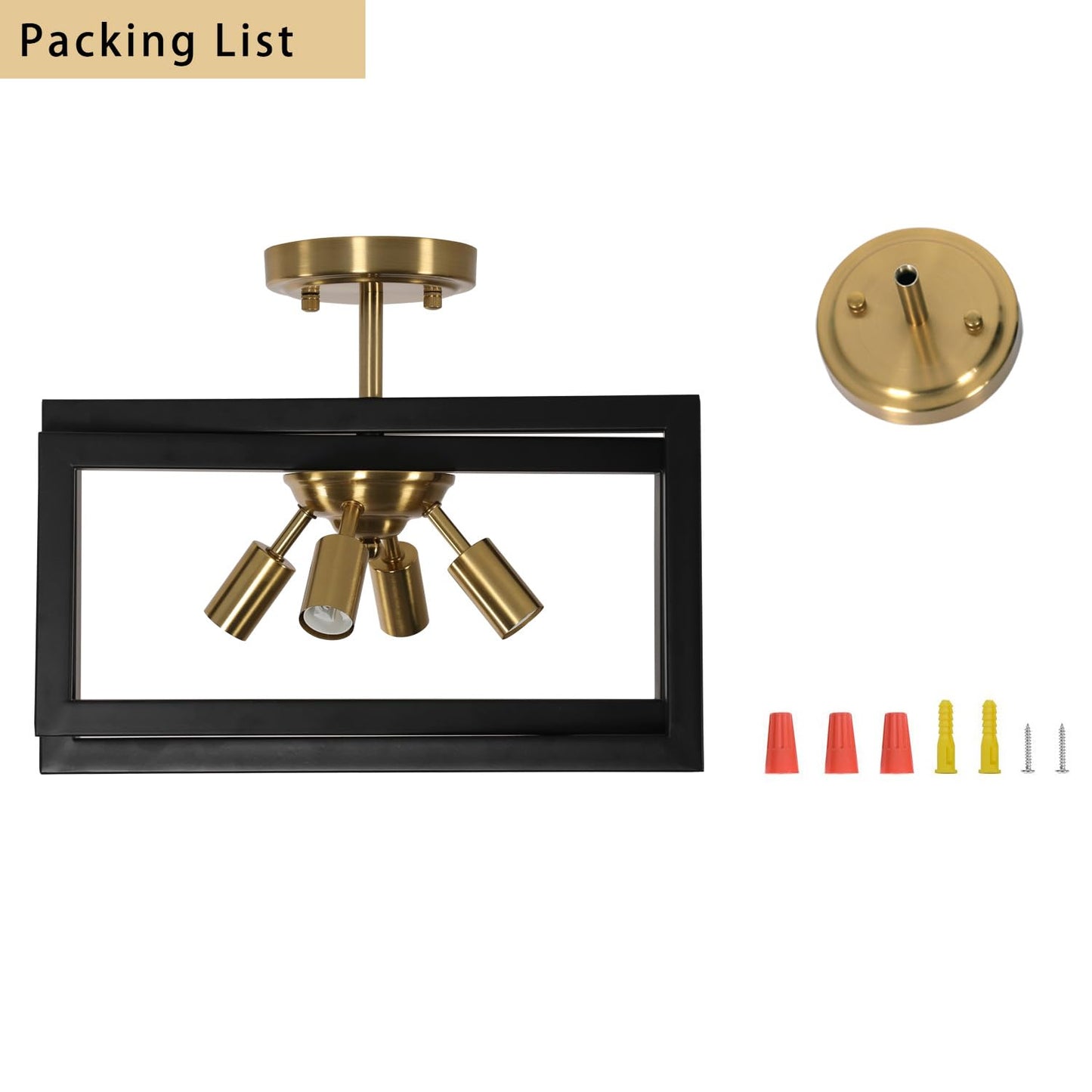 DELIPOP Semi Flush Mount Ceiling Light, 4-Light Gold Farmhouse Industrial Ceiling Light Fixtures with Black Square Metal Frame Close to Ceiling Light for Kitchen, Dining Room, Living Room, Bedroom