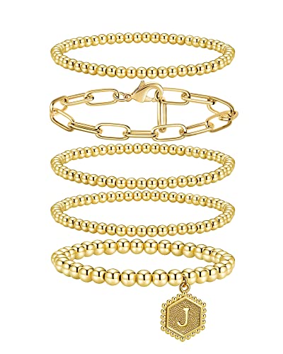 Beaded Stretch Bracelet with Letter J Pendant