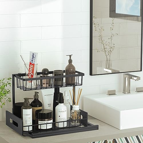 coastal rose Under Sink Organizer and Storage, 2 Tier Under Sink Cabinet Basket Storage Shelf with Sliding Drawers, Multi-Purpose Storage Shelf for Kitchen Bathroom,Black