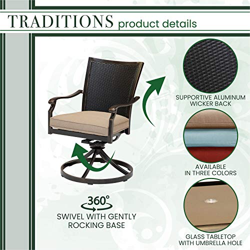 Hanover Traditions 5-Piece Outdoor Dining Set, All-Weather Patio Dining Set for 4 with Cushioned Wicker Back Cast Aluminum Swivel Rocker Chairs and 42" Glass-Top Table for Patio, Backyard, Deck, Porch