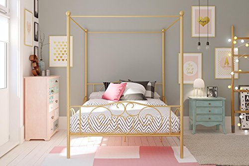 DHP Metal Canopy Kids Platform Bed with Four Poster Design, Scrollwork Headboard and Footboard, Underbed Storage Space, No Box Sring Needed, Full, Gold