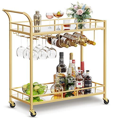 VASAGLE Mirrored Shelf Rolling Bar Cart with Wine Rack
