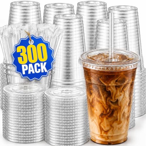 300 Pack 16 oz Plastic Cups with Lids and Straws