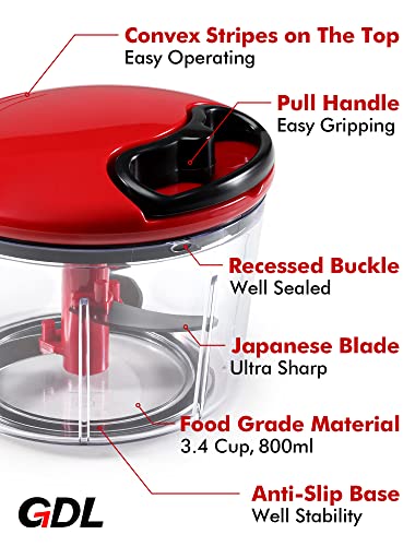 Food Chopper, Pull Onion Chopper Dicer, Hand Powered Food Chopper, Fast Cutting Hand Chopper Mincer for Oinon, Garlic, Nut, 3.4 Cups 0.8L, Red