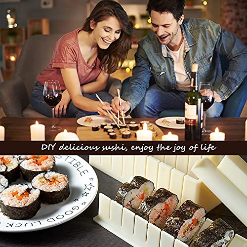 HI NINGER Sushi Making Kit- All In One Sushi Set 10 Piece Plastic Sushi Maker Tool with 8 Different Shapes of Sushi Rice Roll Mold Shapes Fork Spatula DIY home Sushi Tools- Off-white