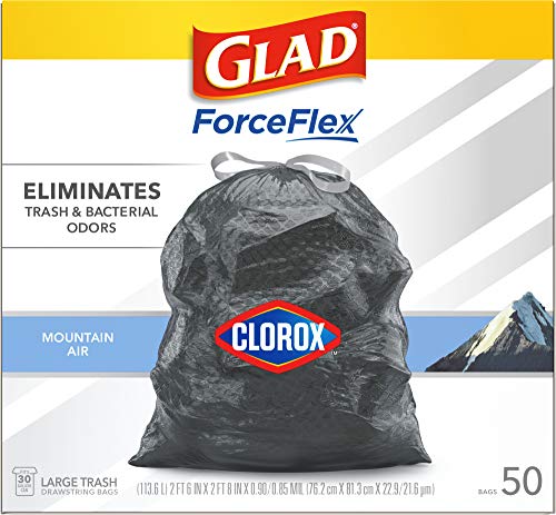 Glad Trash Bags, Large Drawstring Garbage Bags ForceFlex with Clorox, 30 Gallon Black Trash Bags, Mountain Air 50 Count (Package May Vary)