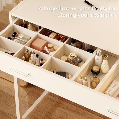 LIDYUK Vanity Desk with Mirror and Lights, Makeup Vanity Desk with Lights, 31.5 Inch Simple Home Office Desk, Small Desk Dressing Vanity Table with Double-Deck 3 Drawers, White
