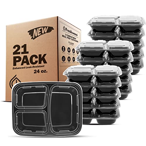 21 Pack Freshware 3-Compartment Meal Prep Containers