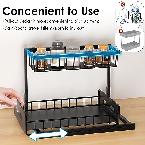 coastal rose Under Sink Organizer and Storage, 2 Tier Under Sink Cabinet Basket Storage Shelf with Sliding Drawers, Multi-Purpose Storage Shelf for Kitchen Bathroom,Black