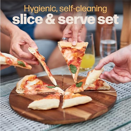 Hans Grill Pizza Cutter and Round Serving Board Gift Set | Professional Stainless Steel Food Slicer with 13.5" Acacia Wooden Board | Perfect for Slicing and Serving Pies, Pizza, Cake and Cheese