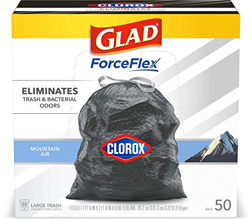 Glad Trash Bags, Large Drawstring Garbage Bags ForceFlex with Clorox, 30 Gallon Black Trash Bags, Mountain Air 50 Count (Package May Vary)