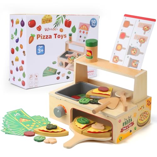 50 Piece Wooden Pizza Counter Playset for Kids