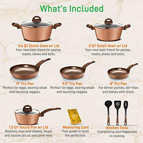 NutriChef Professional 12-Piece Brown Nonstick Cookware - PFOA/PFOS-Free, Heat Resistant Lacquer, Elegant Design, Multi-Sized Pots and Pans
