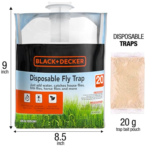 Black+Decker Fly Trap- Hanging Fly Traps Outdoor- Natural Non-Toxic Fly Catcher Attractant- Add Water to Catch House & Horse Flies in Garden, Backyard & Barn- 1 Trap, 20 Grams