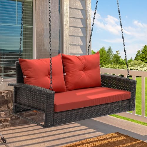 Wicker Hanging Porch Swing Chair with Cushions, 530lbs
