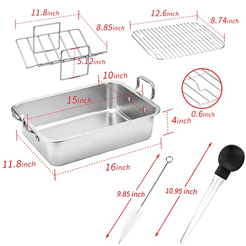 15 Inch Stainless Steel Roasting Pan with Cooling Rack - Turkey, Chicken, Ham Roaster with V-Shaped Baking Rack by Kendane
