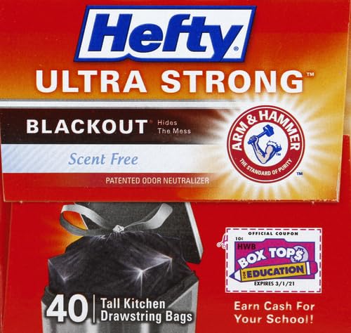 Hefty Ultra Strong Tall Kitchen Trash Bags, Blackout, Unscented, 13 Gallon, 40 Count