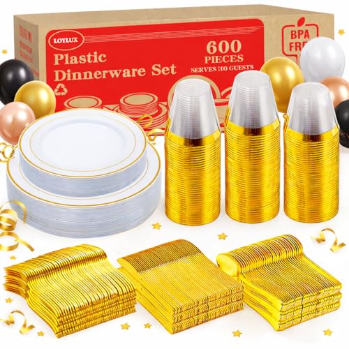 600 Piece Gold Disposable Dinnerware Set with Utensils