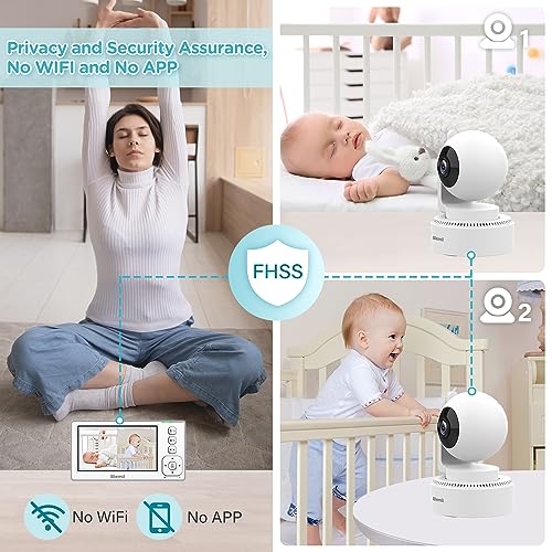 Blemil Baby Monitors, 4.3'' IPS Split-Screen Monitor with 29-Hour Battery, Pan-Tilt-Zoom Video Baby Monitor with 2 Cameras and Audio, No WiFi, 2X Zoom