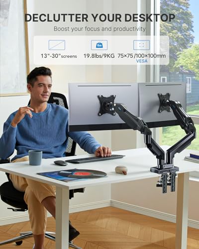 HUANUO Dual Monitor Stand - Adjustable Spring Monitor Desk Mount Swivel Vesa Bracket with C Clamp, Grommet Mounting Base for 13 to 30 Inch Computer Screens - Each Arm Holds 4.4 to 19.8lbs
