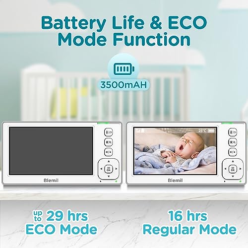 Blemil Baby Monitors, 4.3'' IPS Split-Screen Monitor with 29-Hour Battery, Pan-Tilt-Zoom Video Baby Monitor with 2 Cameras and Audio, No WiFi, 2X Zoom