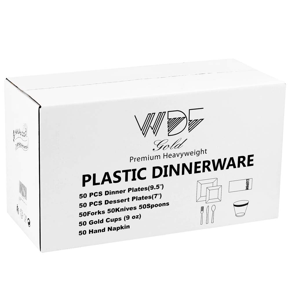 50 Guest Gold Disposable Plates and Utensils Set