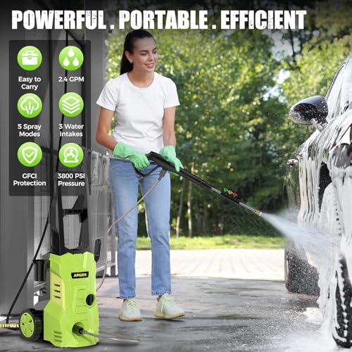 Electric High Pressure Washer - Duede Portable Power Washer with Upgraded Soap Tank, 4 Pressure Tips, 6.6 FT Inlet & 23 FT Water Outlet Hose, 3800PSI & 2.4GPM, Patios/Cars/Driveways/Fences Washing