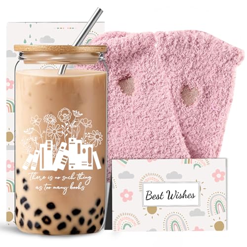 16oz Book Themed Glass Cup with Cozy Socks