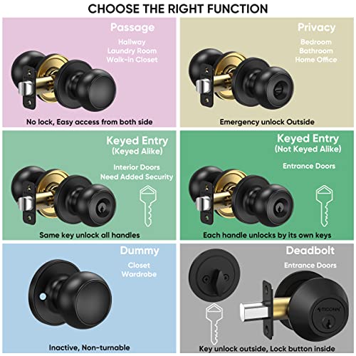 TICONN Matte Black Round Door Knob with Deadbolt