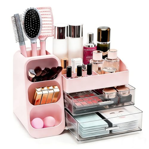 Makeup Organizer Countertop Cosmetic Display Case with Brush Holder