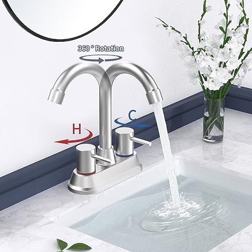 Bathroom Faucets for Sink 3 Hole, Brushed Nickel Bathroom Sink Faucet 4 Inch 2 Handle Centerset,360 Swivel Spout Faucet for Bathroom Sink 2-3 Hole RV Bathroom Vanity Sink,with Pop Up Drain